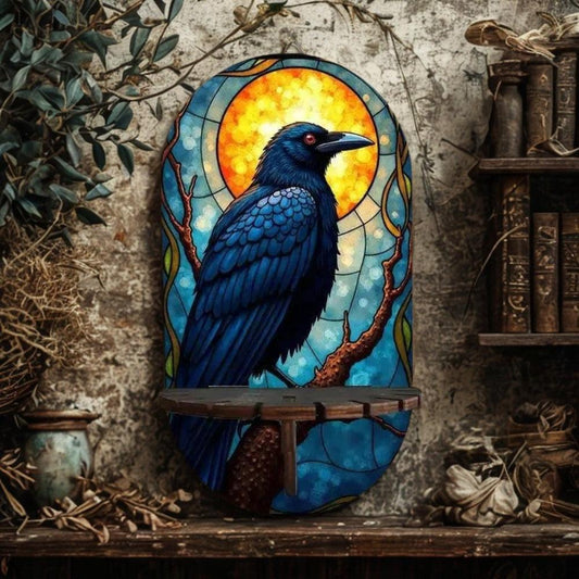 Witchy Raven Wall Shelf for Crystals & Candles – Wooden Gothic Crow Floating Shelf Wicca Altar Decor-MoonChildWorld