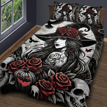 Witchy Raven and Gothic Witch Quilt Bedding Set for Halloween-MoonChildWorld