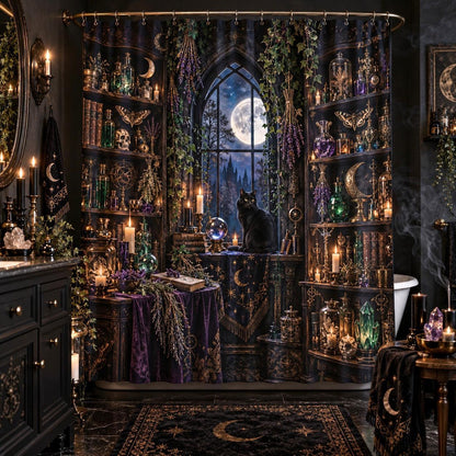 Witchy Shower Curtain - Gothic Apothecary Black Cat Decor