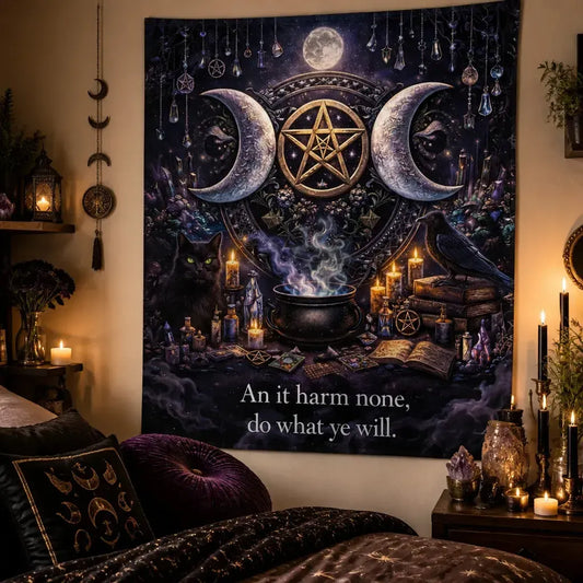Witchy Tapestry witch Black Cat & Gothic Raven - Wicca Pentagram & Triple Moon Witchcraft Wall Hanging_mockup_1.webp