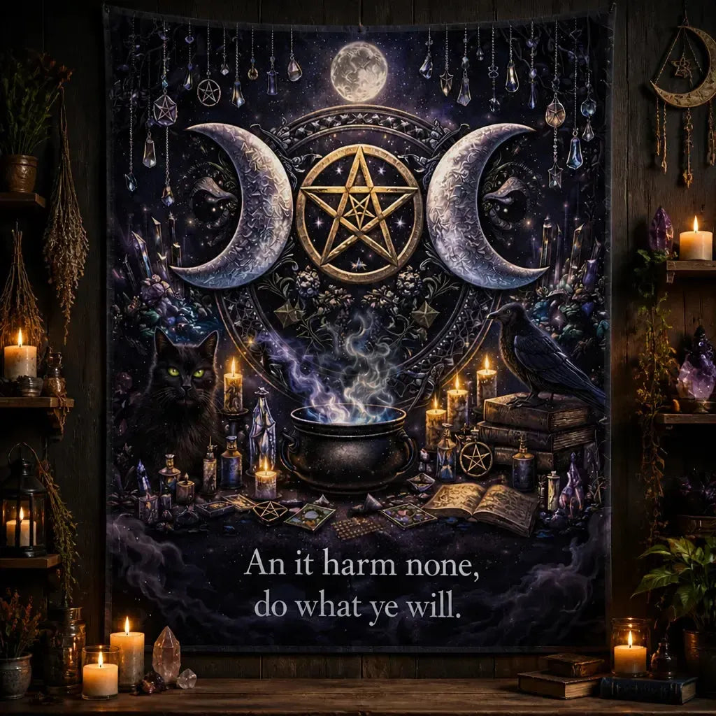 Witchy Tapestry witch Black Cat & Gothic Raven - Wicca Pentagram & Triple Moon Witchcraft Wall Hanging_mockup_2.webp