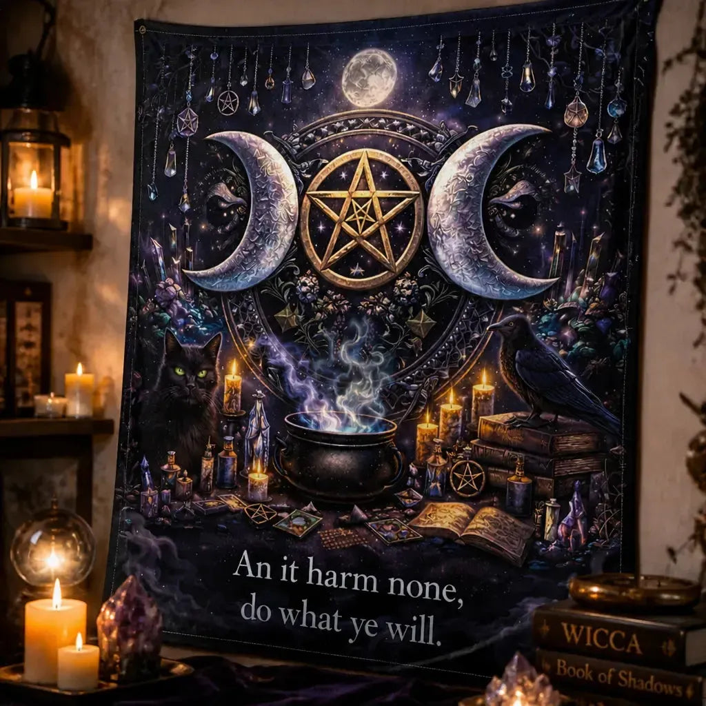 Witchy Tapestry witch Black Cat & Gothic Raven - Wicca Pentagram & Triple Moon Witchcraft Wall Hanging_mockup_3.webp