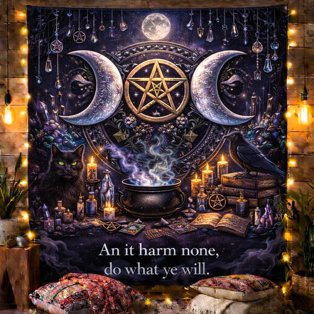 Dark witchy tapestry with a black cat, raven, triple moon, pentagram, cauldron, and "An it harm none" quote.