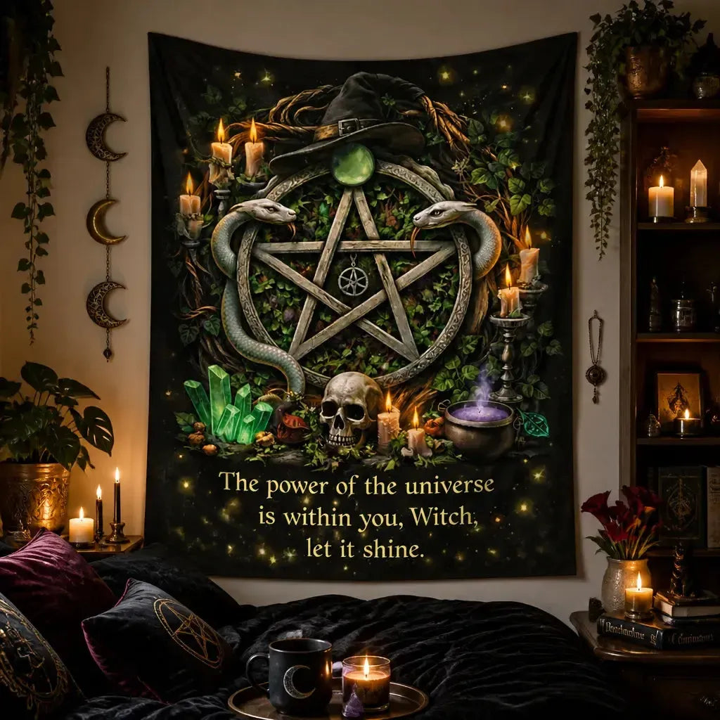 Witchy Tapestry with Pentacle, Snakes, Mystical Elements - Gothic Halloween Wall Hanging_mockup_1.webp