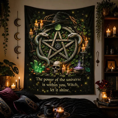 Witchy Tapestry with Pentacle, Snakes, Mystical Elements - Gothic Halloween Wall Hanging_mockup_1.webp