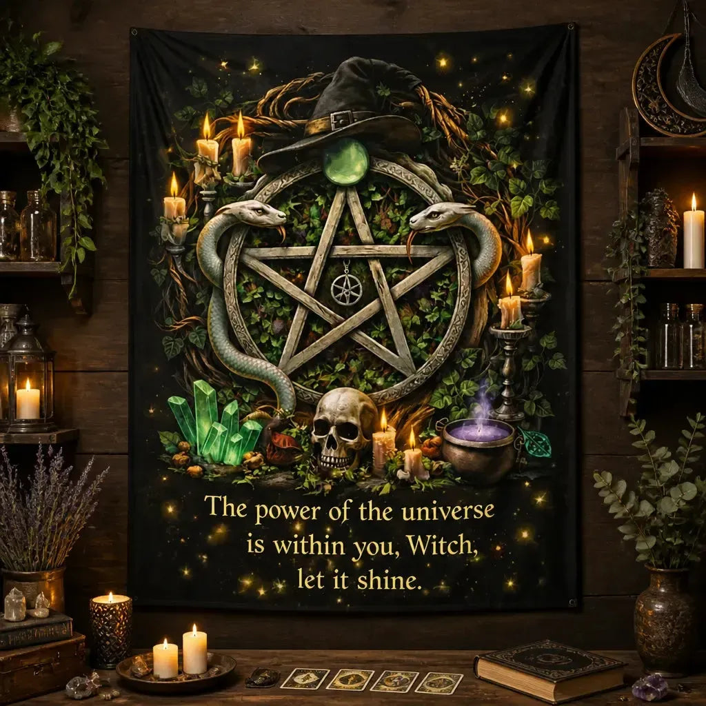 Witchy Tapestry with Pentacle, Snakes, Mystical Elements - Gothic Halloween Wall Hanging_mockup_2.webp