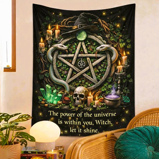 Black witchy tapestry with a pentacle, snakes, skull, witch hat, candles, and mystical elements.