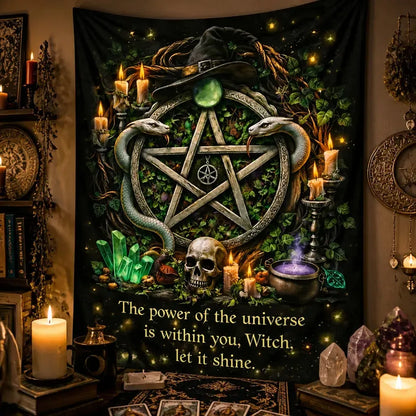Witchy Tapestry with Pentacle, Snakes, Mystical Elements - Gothic Halloween Wall Hanging_mockup_3.webp