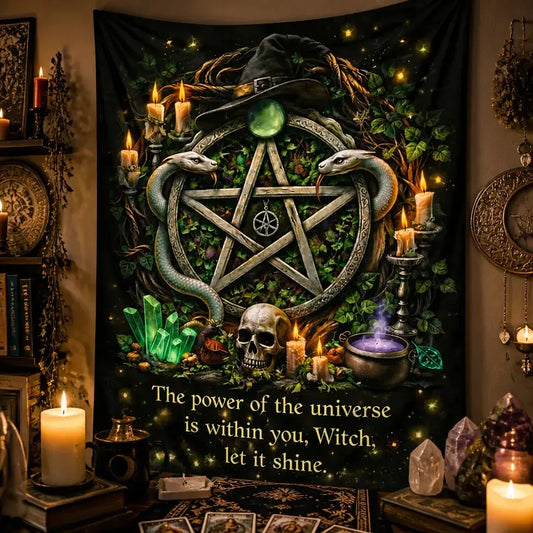 Witchy Tapestry with Pentacle, Snakes, Mystical Elements - Gothic Halloween Wall Hanging_mockup_3.webp