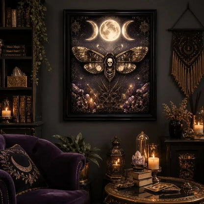 Witchy Triple Moon Death Moth Wall Decor - Gothic Black Framed Canvas Print for Halloween Decor_mockup_1.webp