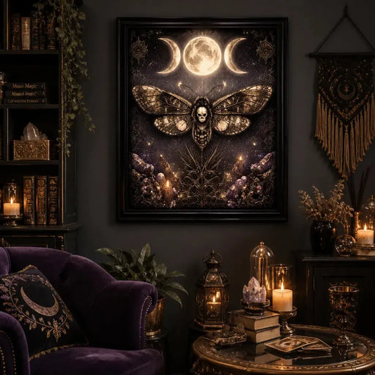Witchy Triple Moon Death Moth Wall Decor - Gothic Black Framed Canvas Print for Halloween Decor_mockup_1.webp