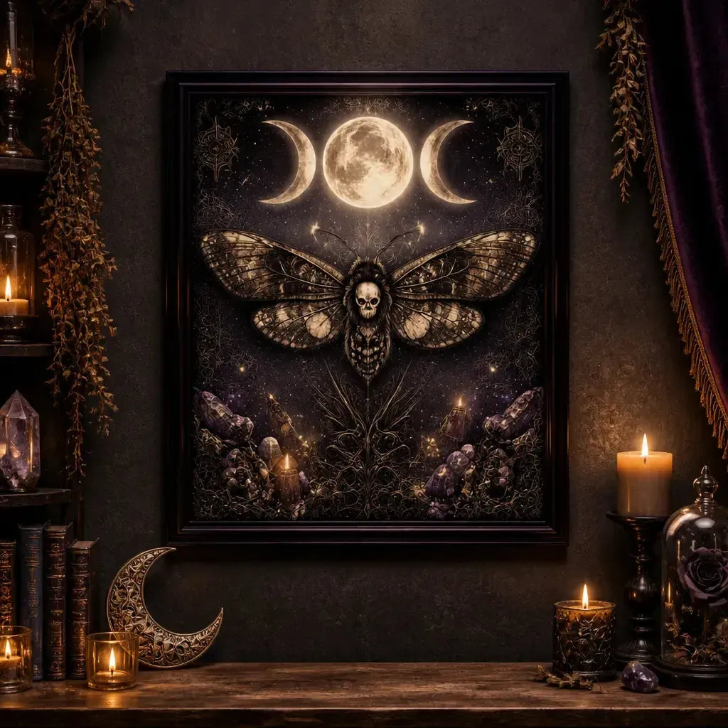 Witchy Triple Moon Death Moth Wall Decor - Gothic Black Framed Canvas Print for Halloween Decor_mockup_2.webp