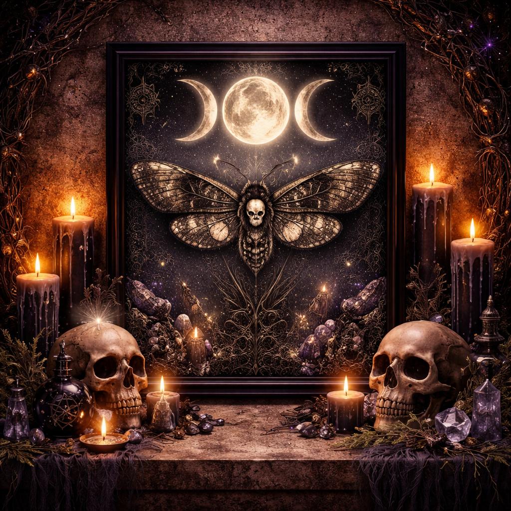 Witchy Triple Moon Death Moth Wall Decor - Gothic Black Framed Canvas Print for Halloween Decor-MoonChildWorld