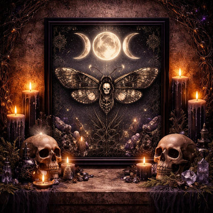 Witchy Triple Moon Death Moth Wall Decor - Gothic Black Framed Canvas Print for Halloween Decor-MoonChildWorld