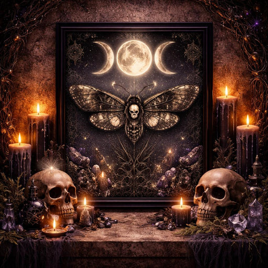 Witchy Triple Moon Death Moth Wall Decor - Gothic Black Framed Canvas Print for Halloween Decor-MoonChildWorld