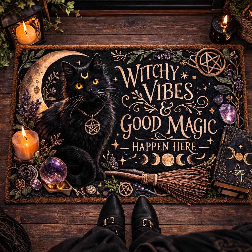Wicca Black Cat Doormat with "Witchy Vibes & Good Magic Happen Here" text, crescent moon, and pentacle.
