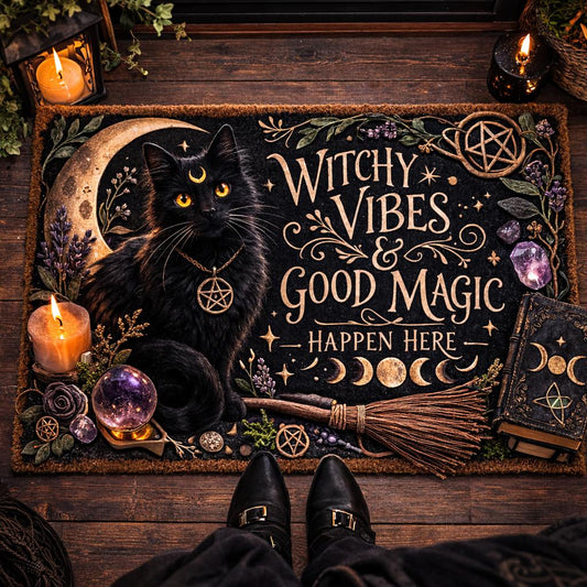 Wicca Black Cat Doormat with "Witchy Vibes & Good Magic Happen Here" text, crescent moon, and pentacle.