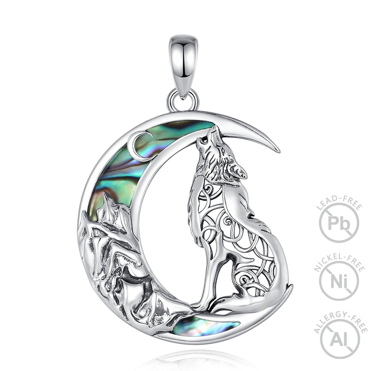 Enchanting 925 Sterling Silver Witchy Wolf Moon Necklace, hypoallergenic with iridescent abalone inlay.