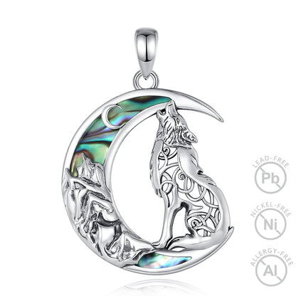 Enchanting 925 Sterling Silver Witchy Wolf Moon Necklace, hypoallergenic with iridescent abalone inlay.