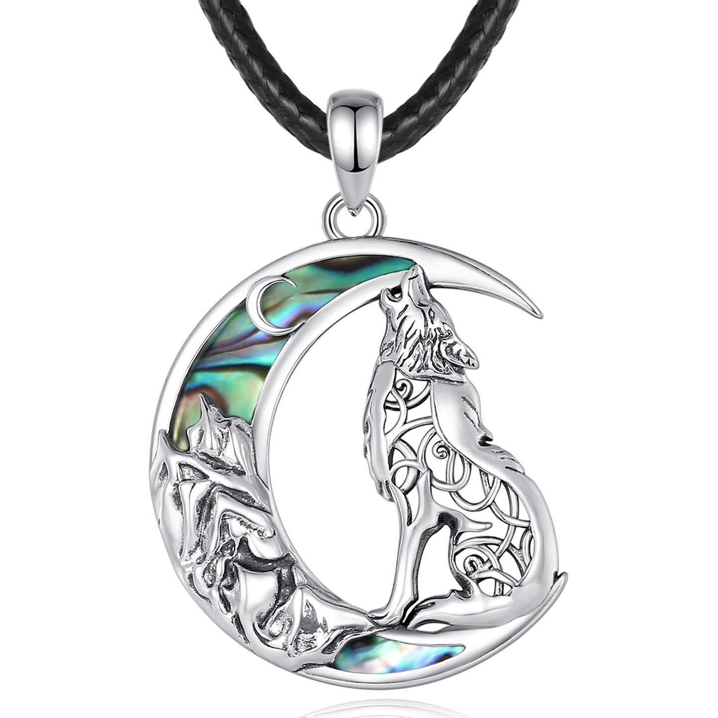 Enchanting 925 Sterling Silver Witchy Wolf Moon Necklace with iridescent abalone inlay, perfect for a beautiful, hypoallergenic look.