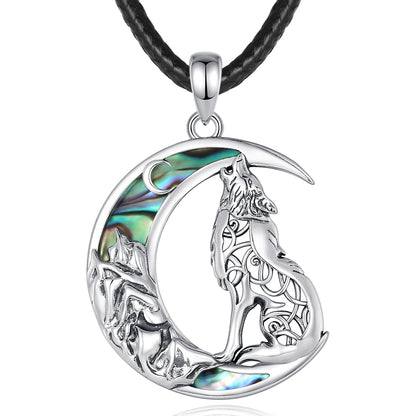 Enchanting 925 Sterling Silver Witchy Wolf Moon Necklace with iridescent abalone inlay, perfect for a beautiful, hypoallergenic look.