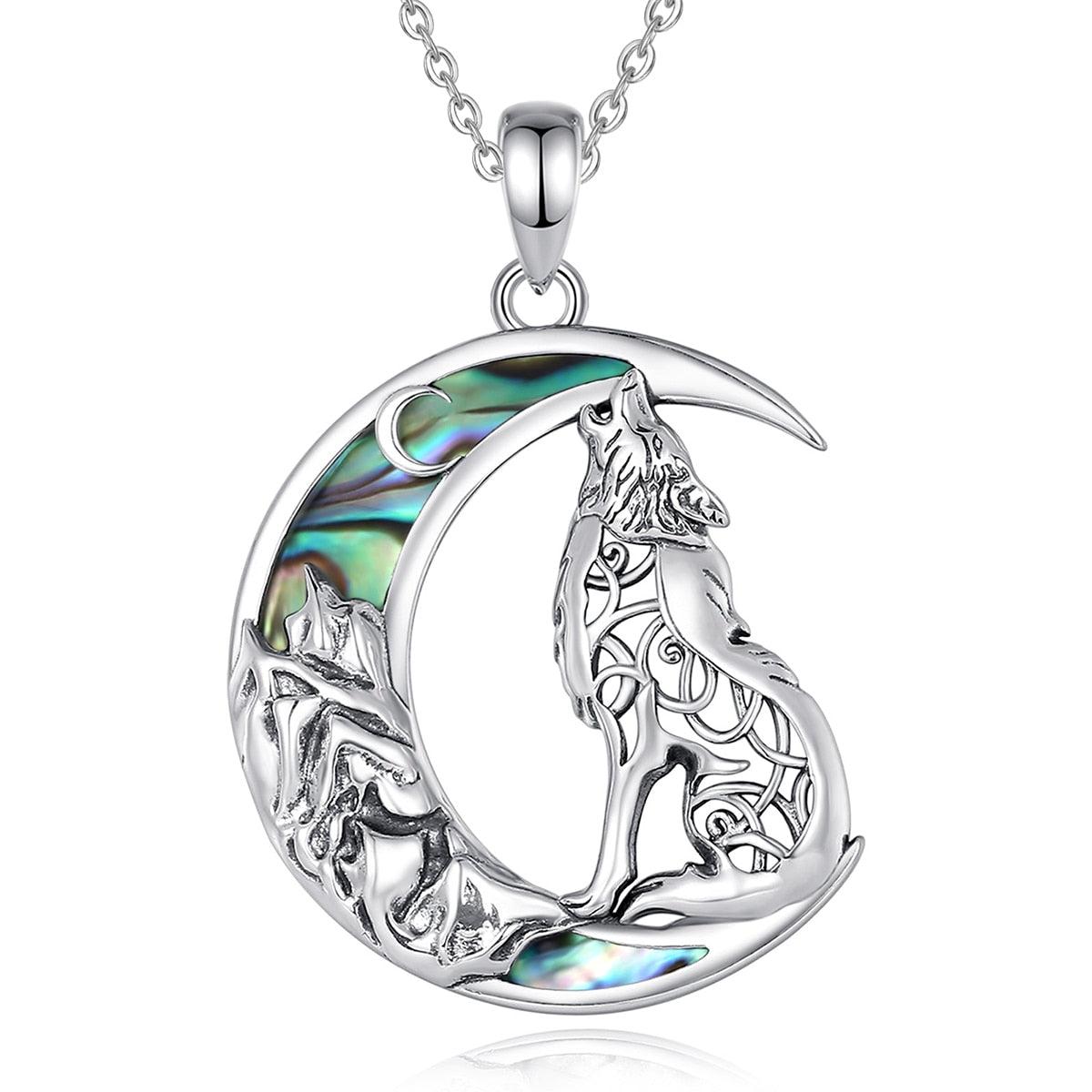 Enchanting 925 Sterling Silver Witchy Wolf Moon Necklace with iridescent abalone inlay, perfect for a beautiful look.