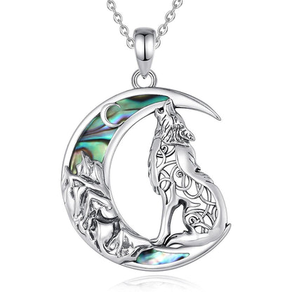 Enchanting 925 Sterling Silver Witchy Wolf Moon Necklace with iridescent abalone inlay, perfect for a beautiful look.