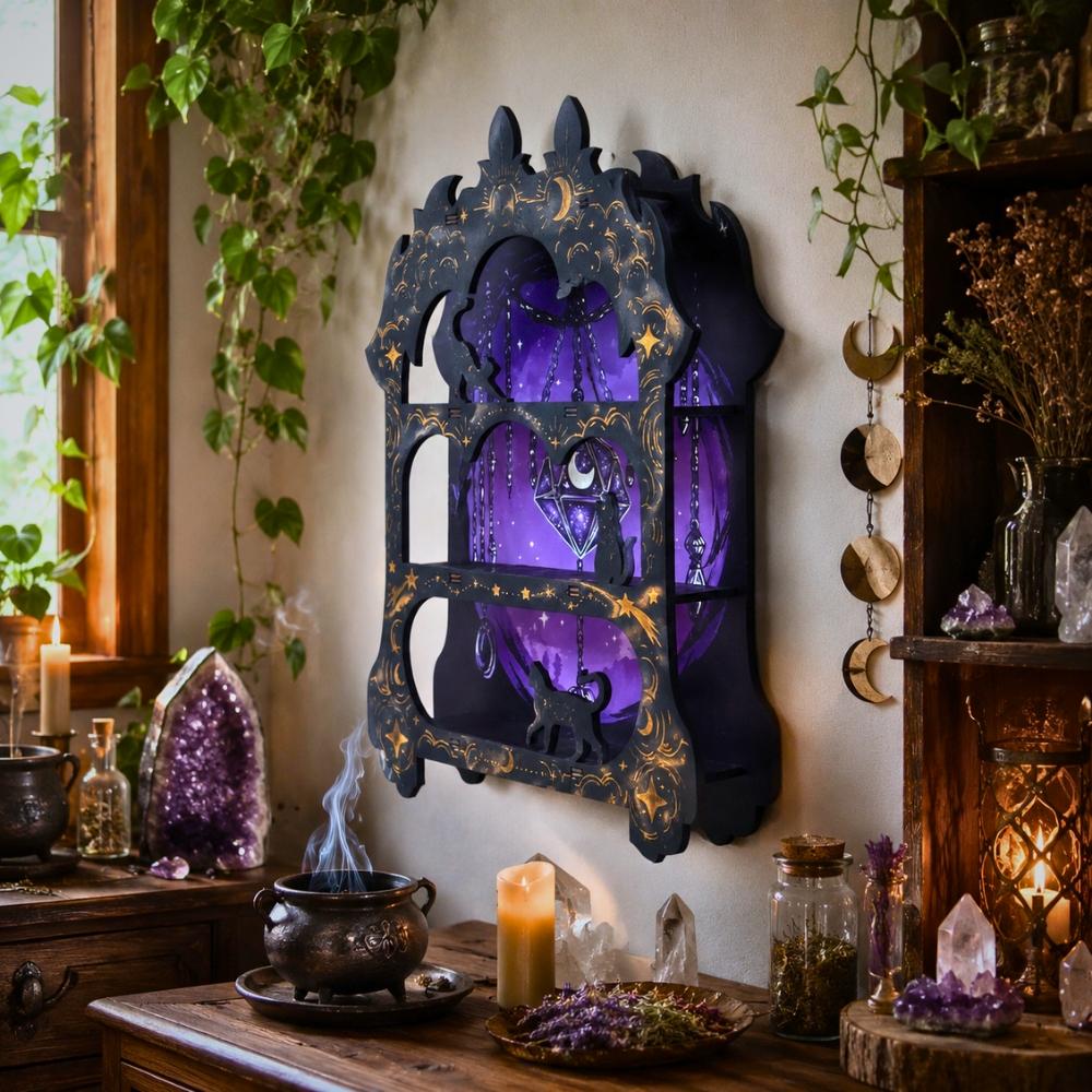 Wooden Arch Crystal Display Shelf – Wiccan Wall Shelf for Crystals & Altar Decor-MoonChildWorld