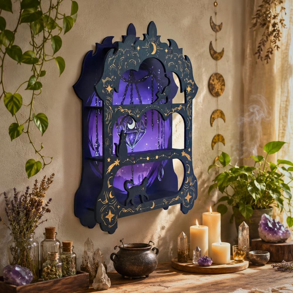 Wooden Arch Crystal Display Shelf – Wiccan Wall Shelf for Crystals & Altar Decor-MoonChildWorld