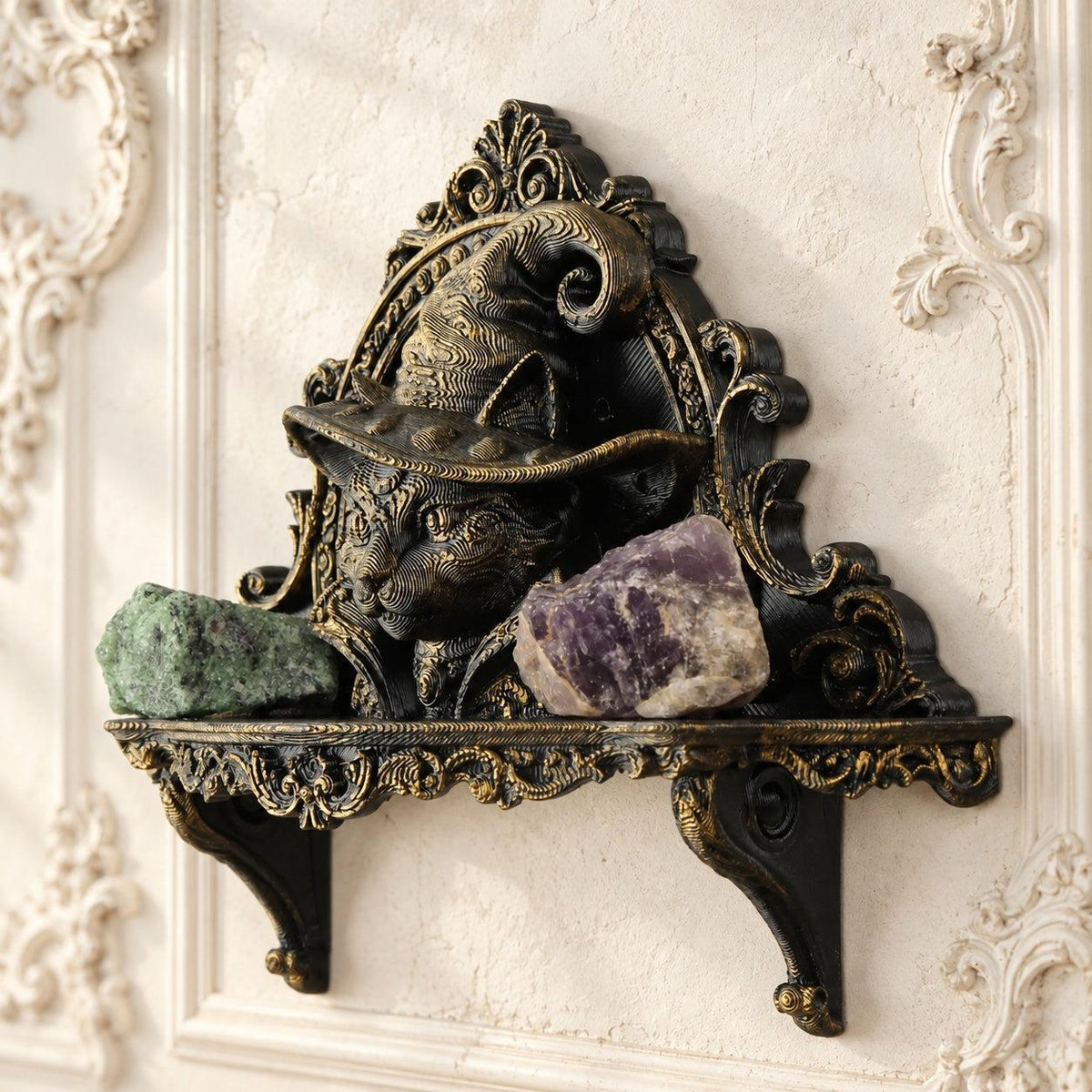 Wizard Cat Gothic Wall Shelf for Candles & Trinkets — view 7 showing carved details in a bright gothic vintage setting