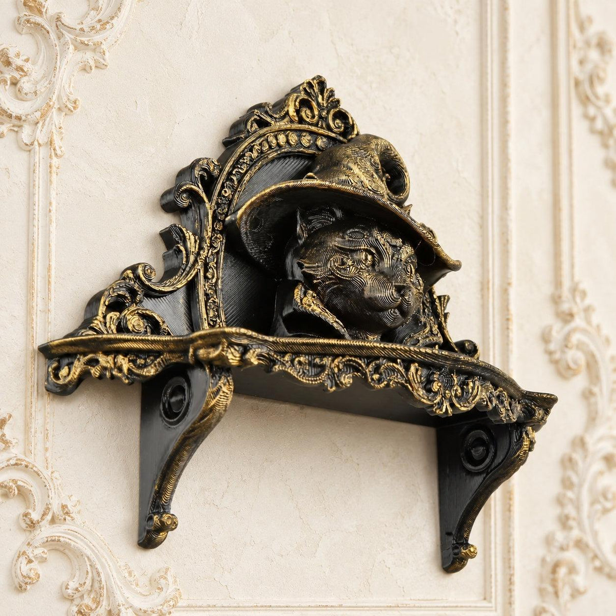 Wizard Cat Gothic Wall Shelf for Candles & Trinkets — view 4 showing carved details in a bright gothic vintage setting