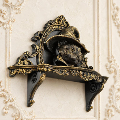 Wizard Cat Gothic Wall Shelf for Candles & Trinkets — view 4 showing carved details in a bright gothic vintage setting