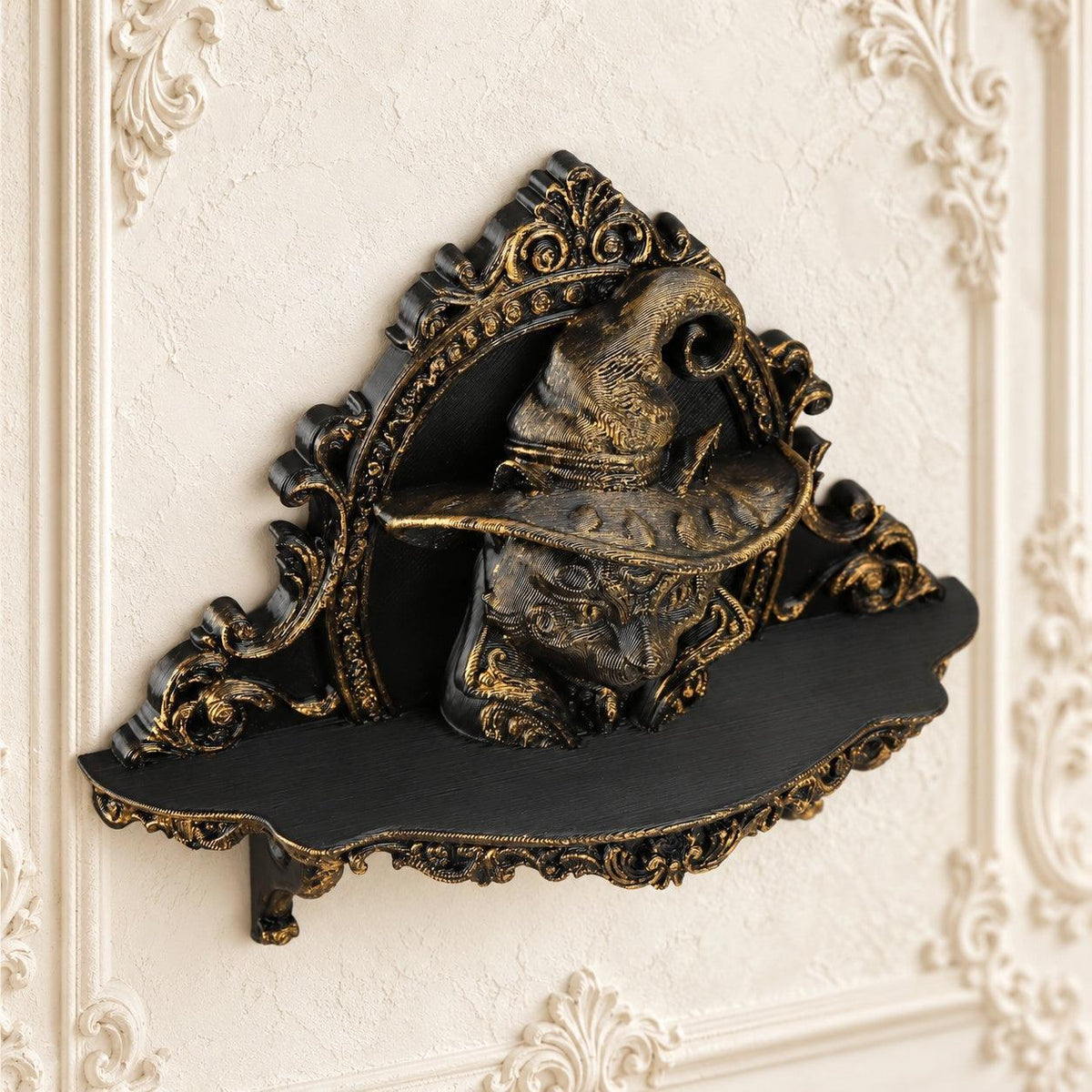 Wizard Cat Gothic Wall Shelf for Candles & Trinkets — view 5 showing carved details in a bright gothic vintage setting