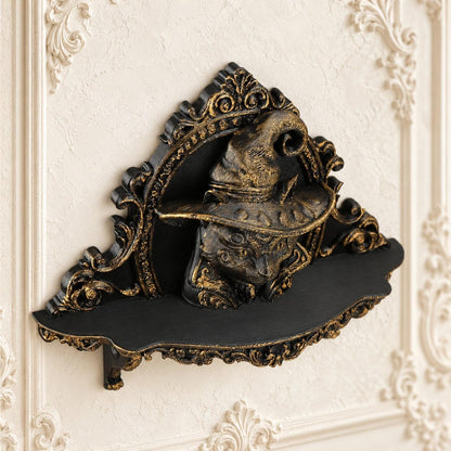 Wizard Cat Gothic Wall Shelf for Candles & Trinkets — view 5 showing carved details in a bright gothic vintage setting