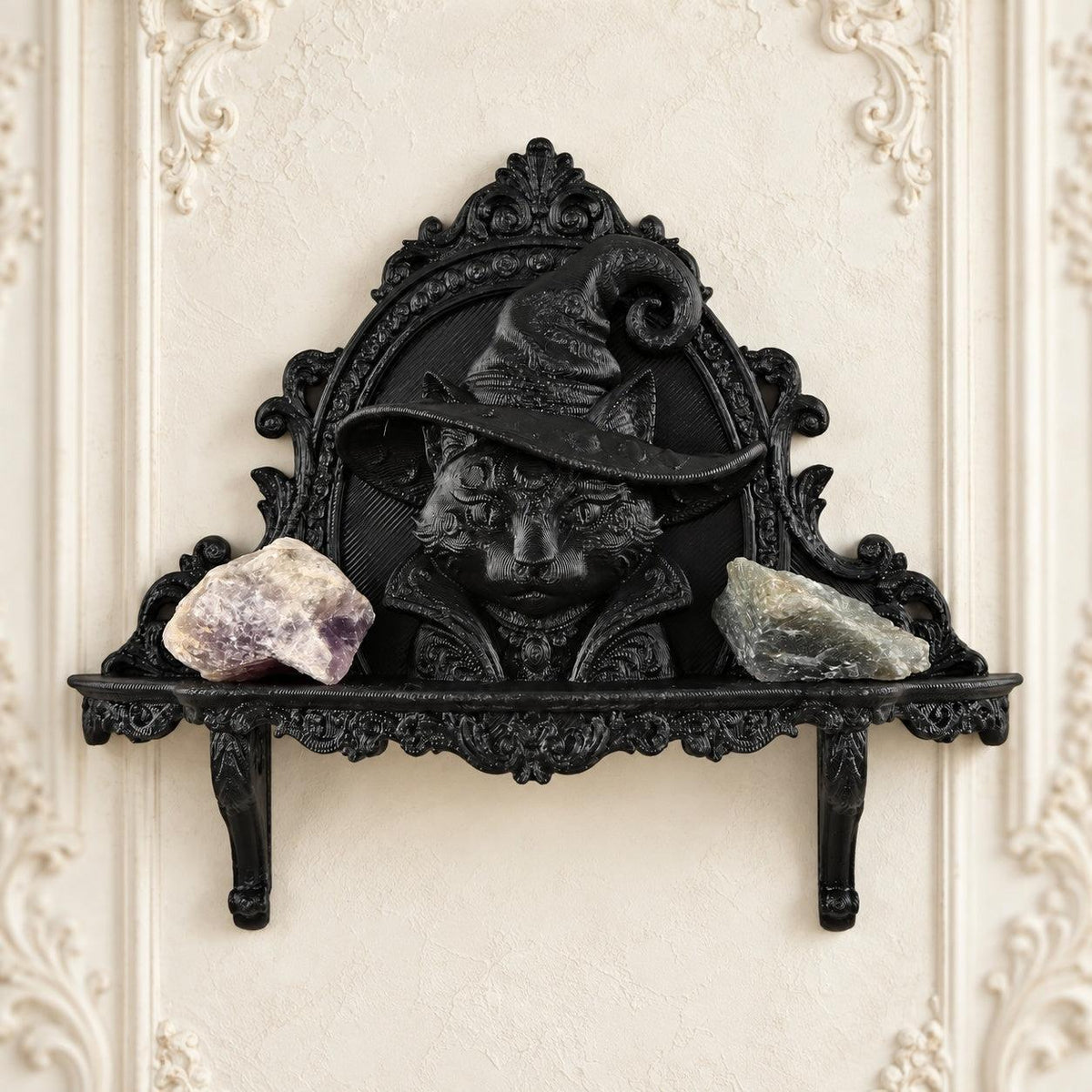 Wizard Cat Gothic Wall Shelf for Candles & Trinkets — view 2 showing carved details in a bright gothic vintage setting