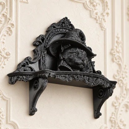 Wizard Cat Gothic Wall Shelf for Candles & Trinkets — view 3 showing carved details in a bright gothic vintage setting