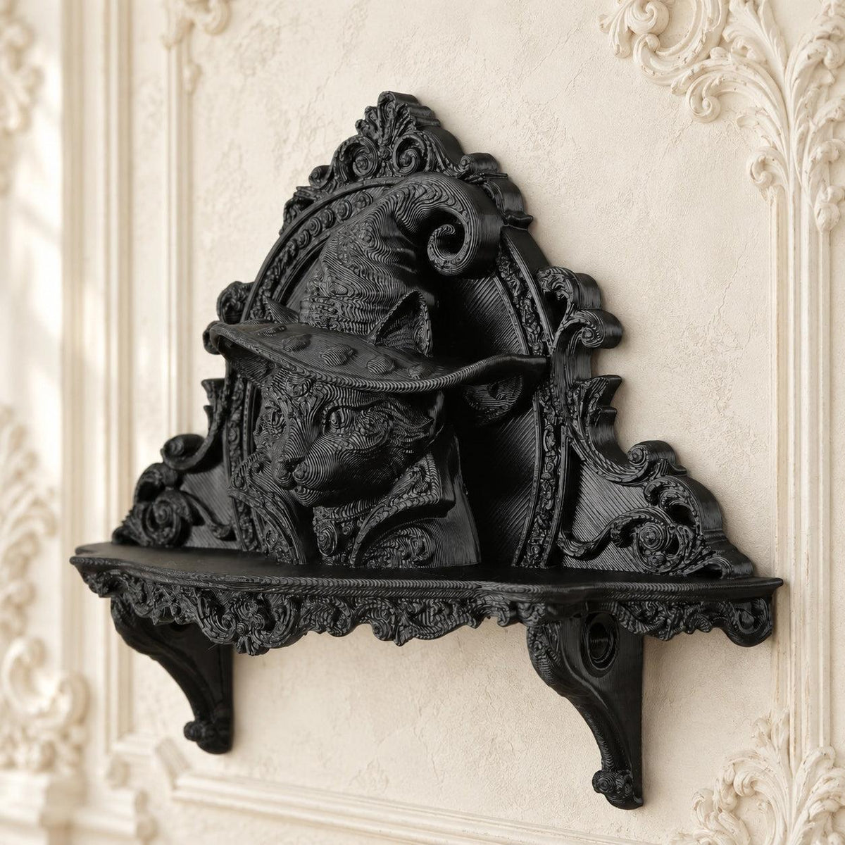 Wizard Cat Gothic Wall Shelf for Candles & Trinkets — view 6 showing carved details in a bright gothic vintage setting