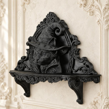 Wizard Cat Gothic Wall Shelf for Candles & Trinkets — view 6 showing carved details in a bright gothic vintage setting