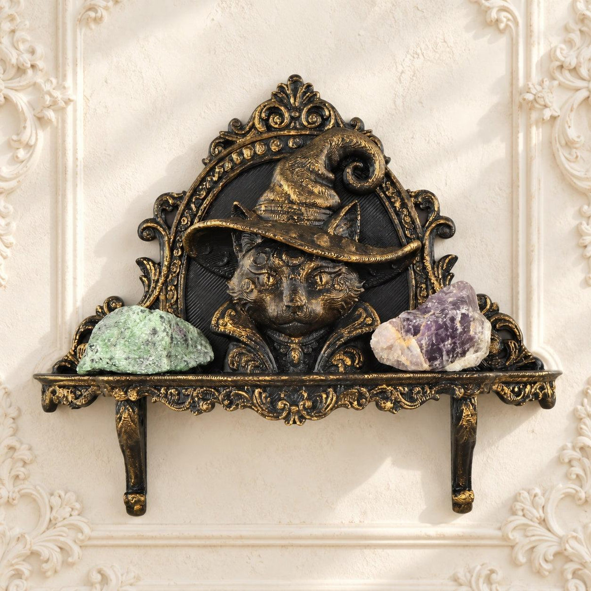 Wizard Cat Gothic Wall Shelf for Candles & Trinkets — view 1 showing carved details in a bright gothic vintage setting