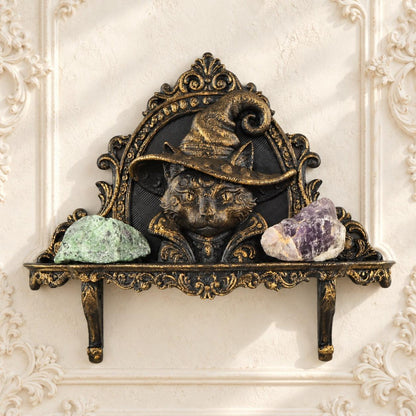 Wizard Cat Gothic Wall Shelf for Candles & Trinkets — view 1 showing carved details in a bright gothic vintage setting