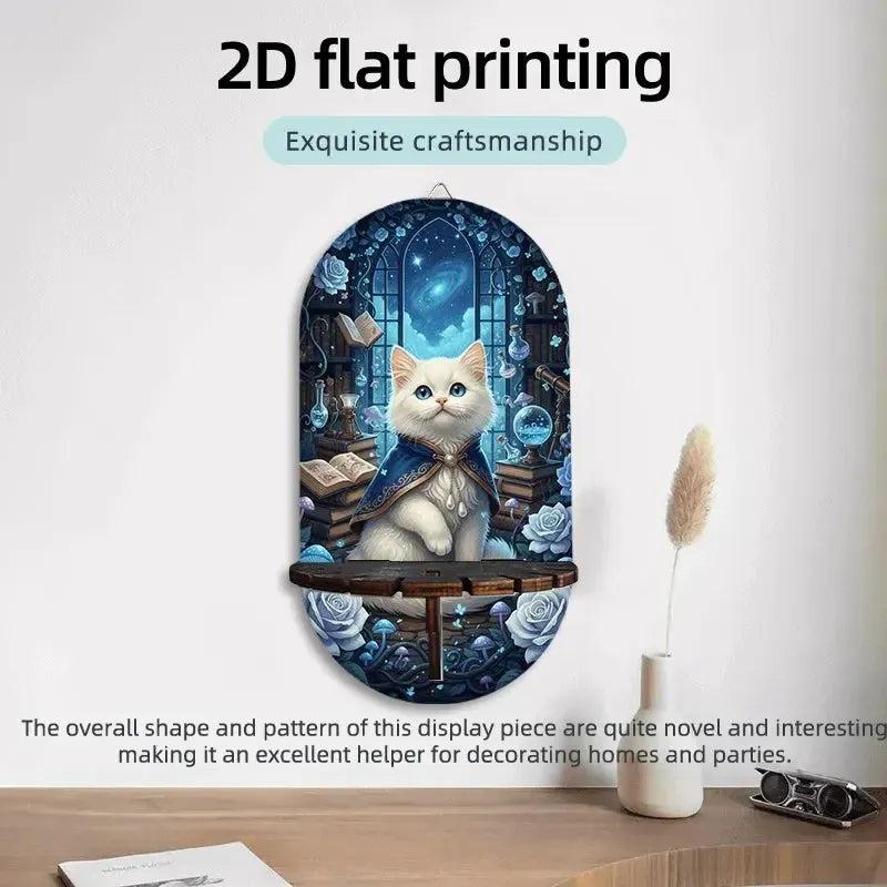 Wizard Cat Wall Shelf for Crystal, Candle – Wooden Halloween Floating Shelf Witchy Altar Decor-MoonChildWorld