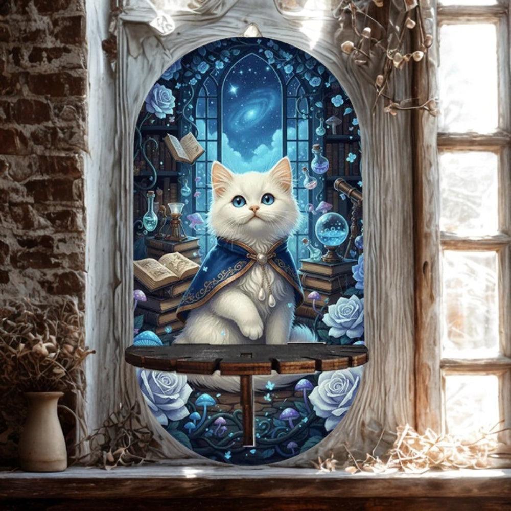Wizard Cat Wall Shelf for Crystal, Candle – Wooden Halloween Floating Shelf Witchy Altar Decor-MoonChildWorld