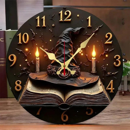 Wizard Hat & Books Halloween Wooden Wall Clock-MoonChildWorld