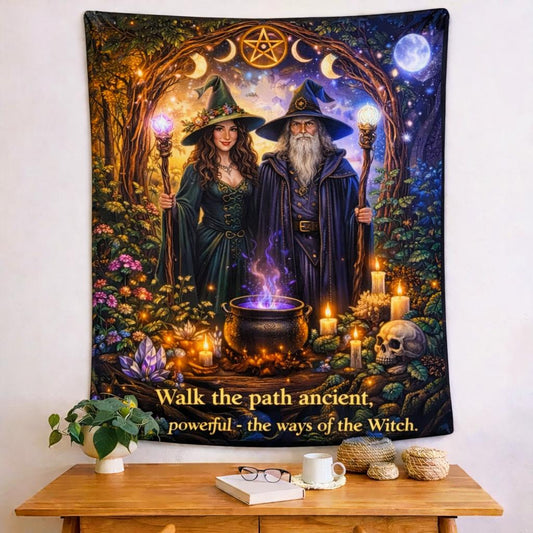 Mystical Wicca tapestry with a witch, wizard, cauldron, moon phases, and "Walk the path ancient" text.