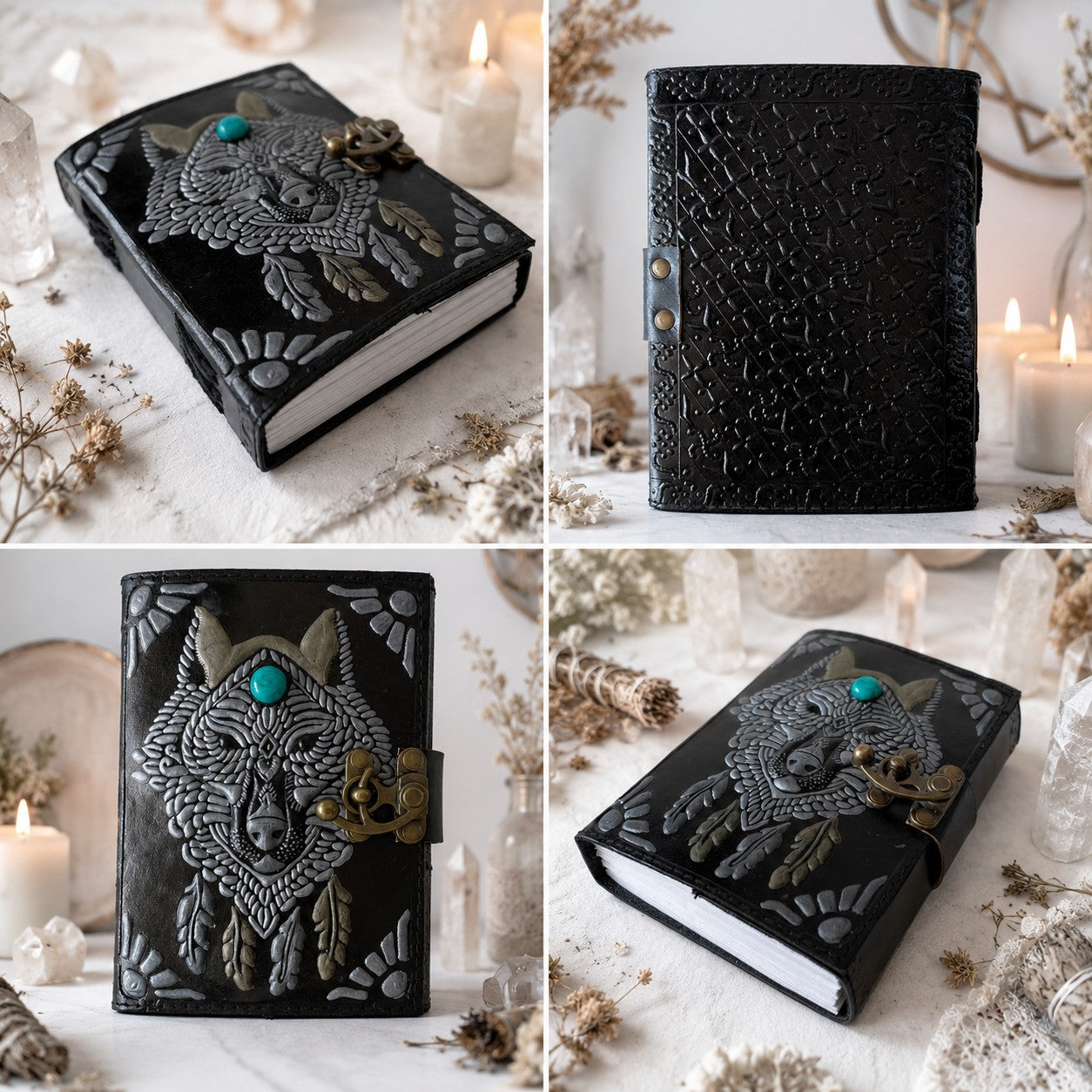 Wolf Face Stone Leather Journal – Handmade Pagan Grimoire Book of Shadows – leather journal, back cover view