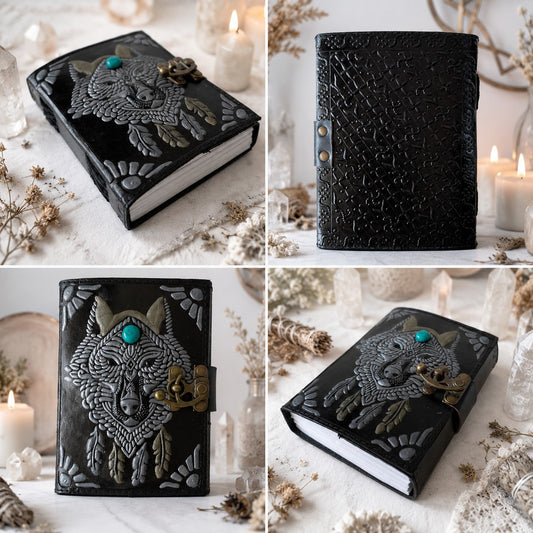 Wolf Face Stone Leather Journal – Handmade Pagan Grimoire Book of Shadows – leather journal, back cover view