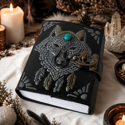 Wolf Face Stone Leather Journal – Handmade Pagan Grimoire Book of Shadows – leather journal, open blank pages view