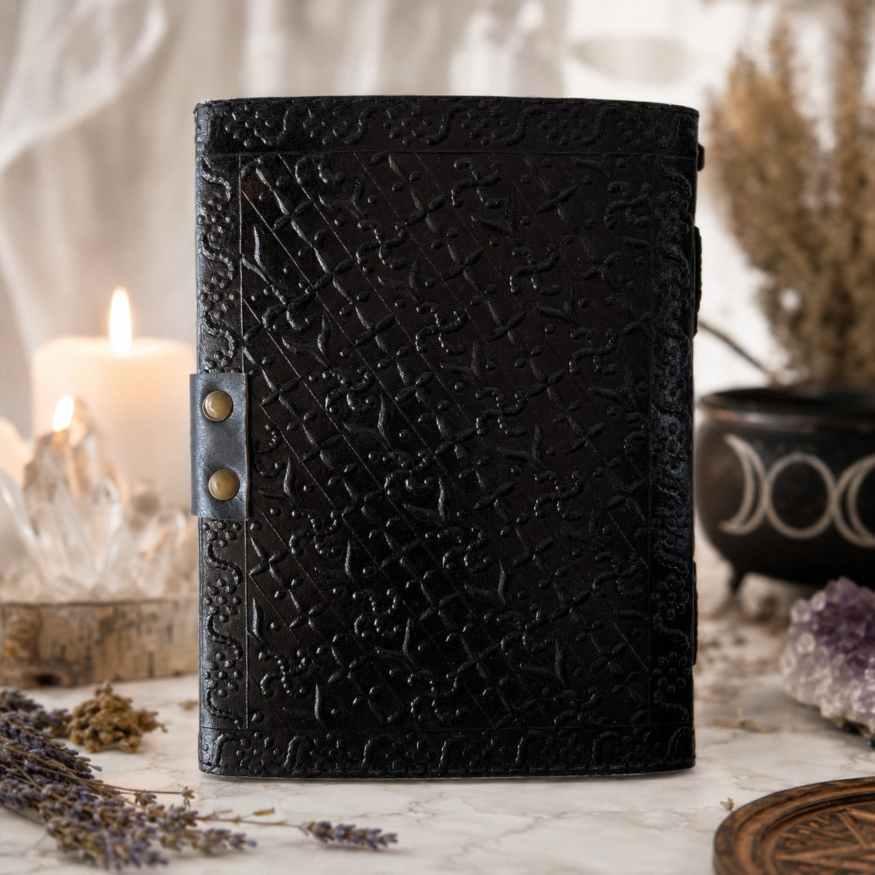 Wolf Face Stone Leather Journal – Handmade Pagan Grimoire Book of Shadows – leather journal, close-up cover detail