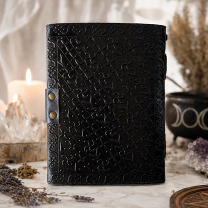 Wolf Face Stone Leather Journal – Handmade Pagan Grimoire Book of Shadows – leather journal, close-up cover detail