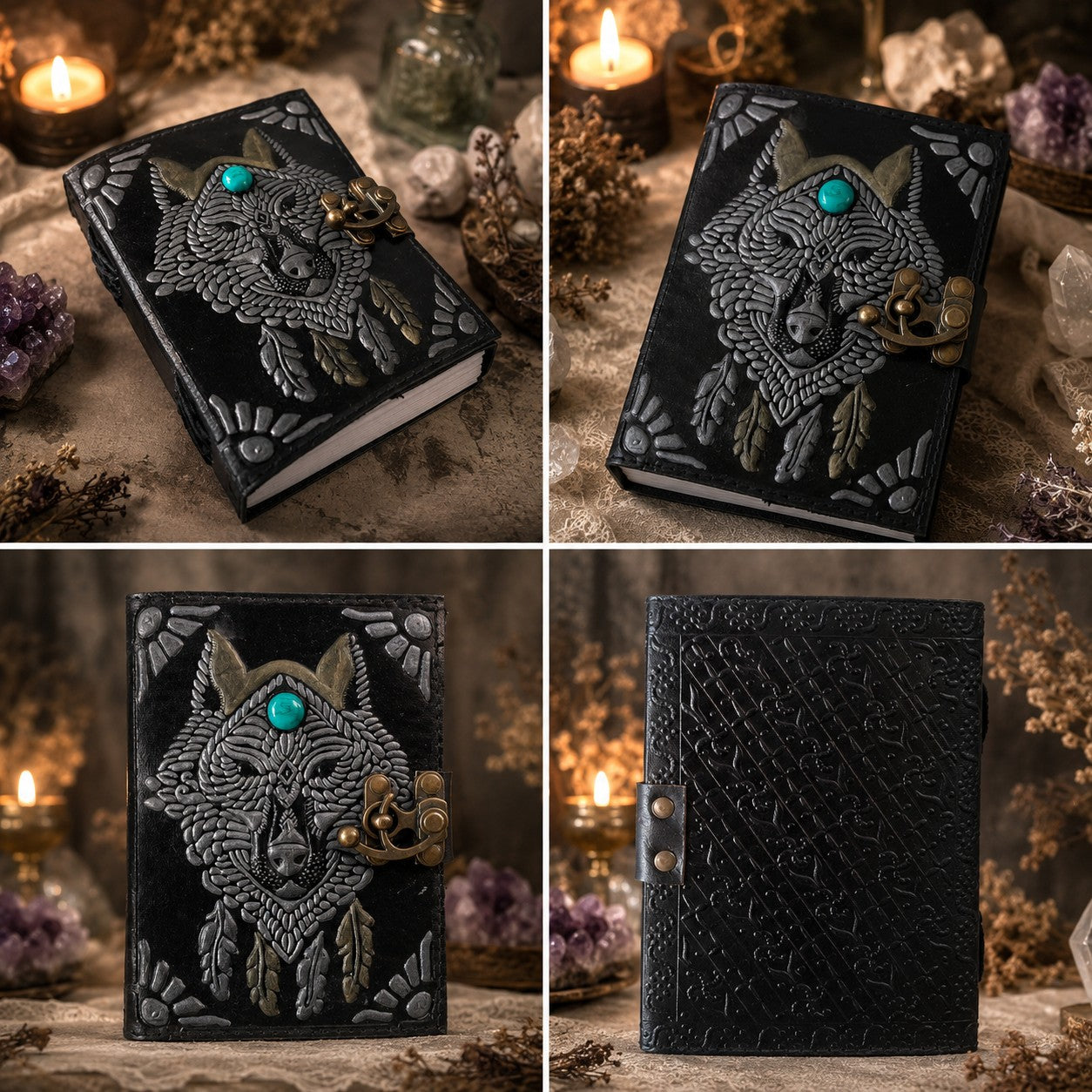 Wolf Face Stone Leather Journal – Handmade Pagan Grimoire Book of Shadows – leather journal, size and scale view